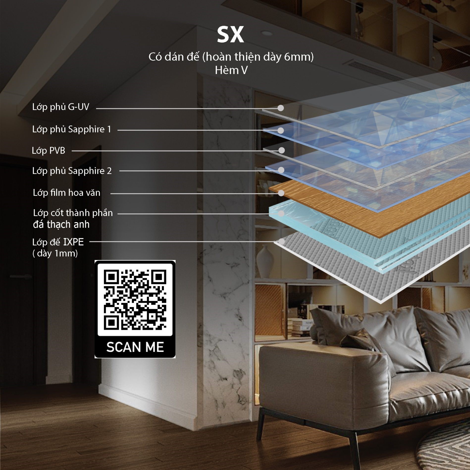 Cấu tạo 6 lớp sàn thạch anh Kobler SX28 với đế IXPE 1mm